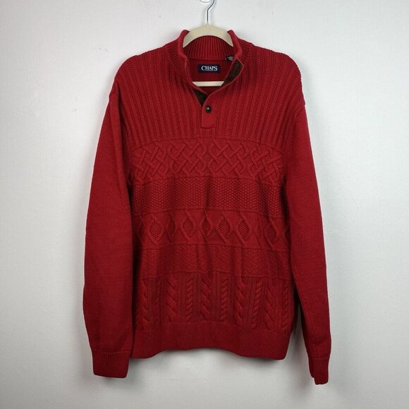 Chaps Cable Knit Sweater Mens‎ XL Red 1/4 Button Suede Accent Grandpacore Retro - Picture 1 of 10